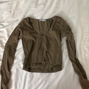 stradivarius Olive Ribbed V-Neck Long Sleeve brown stretchy  Top